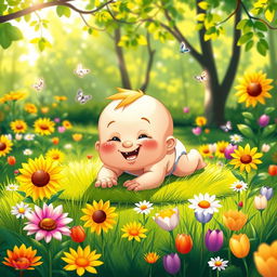 A whimsical and playful scene featuring a mischievous baby character in a colorful garden
