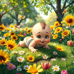 A whimsical and playful scene featuring a mischievous baby character in a colorful garden