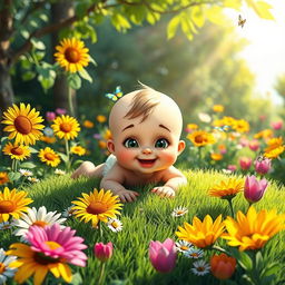 A whimsical and playful scene featuring a mischievous baby character in a colorful garden