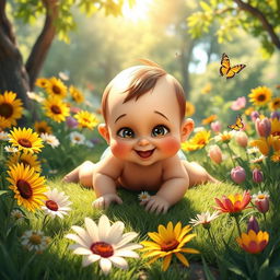 A whimsical and playful scene featuring a mischievous baby character in a colorful garden
