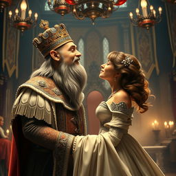 A regal scene depicting a dwarf king and a woman sharing a romantic kiss