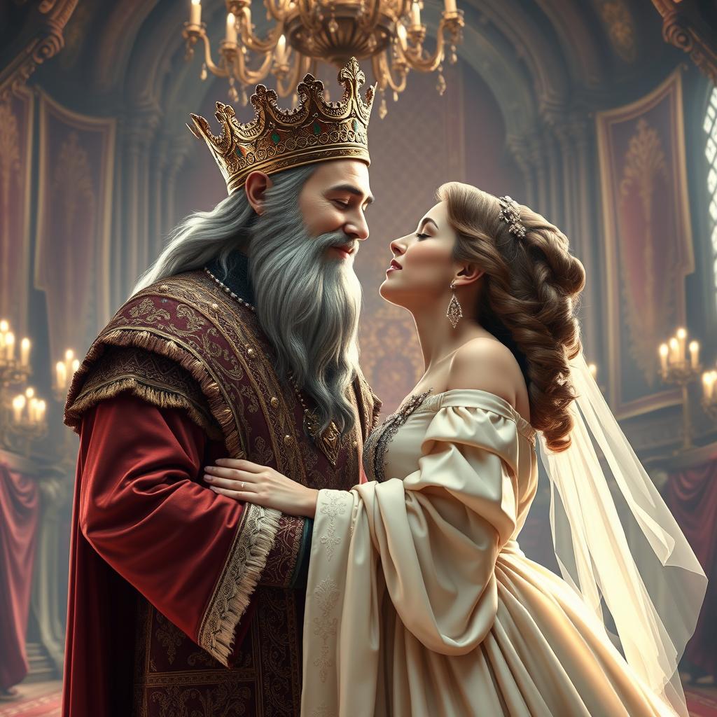 A regal scene depicting a dwarf king and a woman sharing a romantic kiss