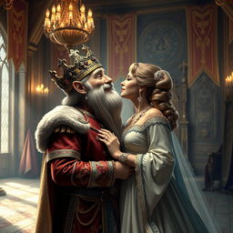 A regal scene depicting a dwarf king and a woman sharing a romantic kiss