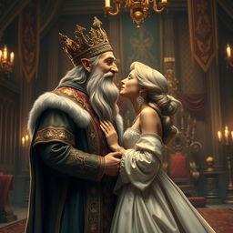 A regal scene depicting a dwarf king and a woman sharing a romantic kiss