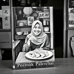 A vintage book cover design featuring a Jakarta Muslim woman happily eating pempek Palembang