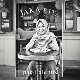 A vintage book cover design featuring a Jakarta Muslim woman happily eating pempek Palembang