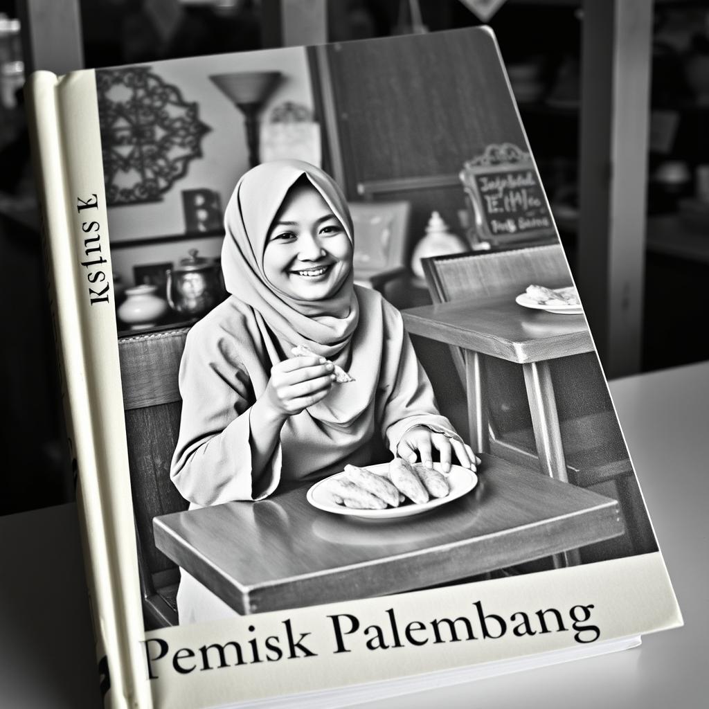 A vintage book cover design featuring a Jakarta Muslim woman happily eating pempek Palembang