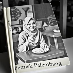 A vintage book cover design featuring a Jakarta Muslim woman happily eating pempek Palembang
