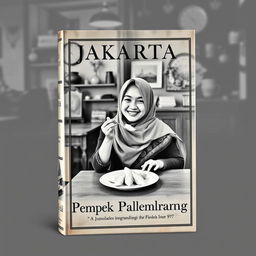 A vintage book cover design featuring a Jakarta Muslim woman happily eating pempek Palembang
