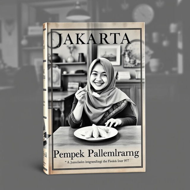 A vintage book cover design featuring a Jakarta Muslim woman happily eating pempek Palembang