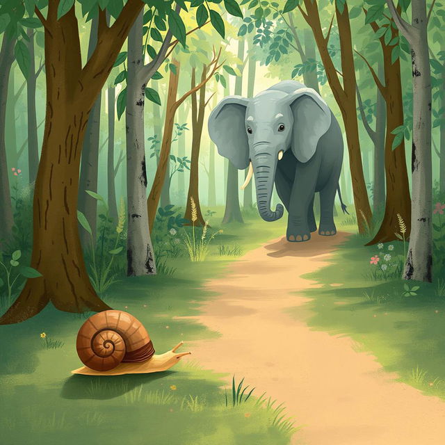 In a lush forest, a small snail with a brown shell is slowly making its way along a path