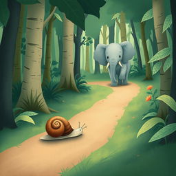 In a lush forest, a small snail with a brown shell is slowly making its way along a path