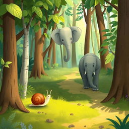In a lush forest, a small snail with a brown shell is slowly making its way along a path