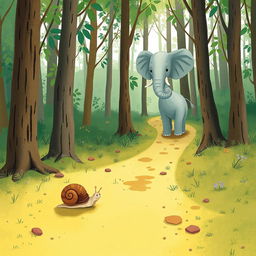 In a lush forest, a small snail with a brown shell is slowly making its way along a path