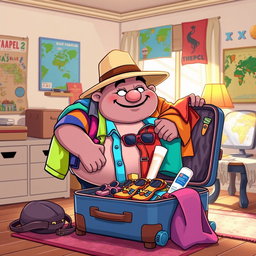 A scene depicting a plump tripe character packing a colorful suitcase