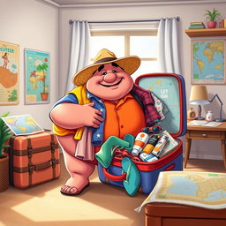 A scene depicting a plump tripe character packing a colorful suitcase