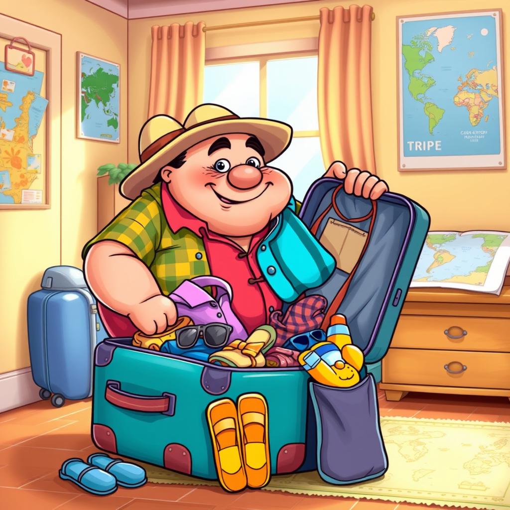 A scene depicting a plump tripe character packing a colorful suitcase