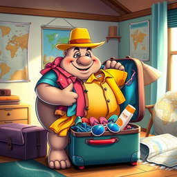 A scene depicting a plump tripe character packing a colorful suitcase