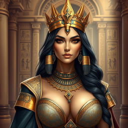 A majestic Egyptian queen with a regal presence, adorned in luxurious attire and intricate jewelry