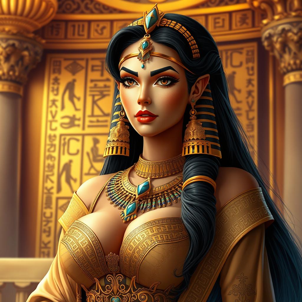 A majestic Egyptian queen with a regal presence, adorned in luxurious attire and intricate jewelry