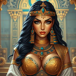 A majestic Egyptian queen with a regal presence, adorned in luxurious attire and intricate jewelry
