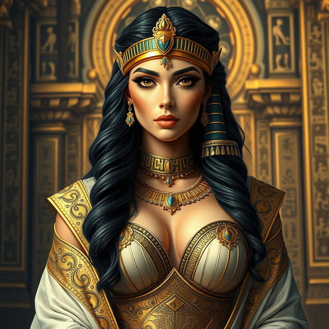 A majestic Egyptian queen with a regal presence, adorned in luxurious attire and intricate jewelry