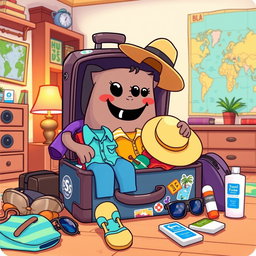 An animated tripe character packing a colorful suitcase, illustrated in a playful cartoon style