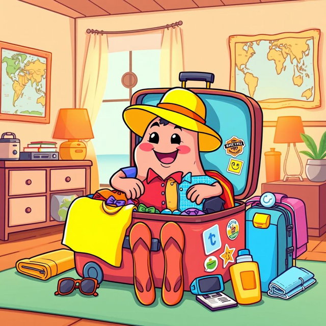 An animated tripe character packing a colorful suitcase, illustrated in a playful cartoon style