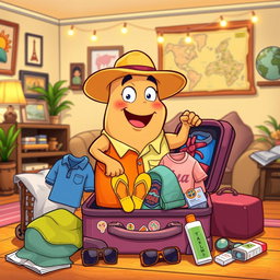 An animated tripe character packing a colorful suitcase, illustrated in a playful cartoon style