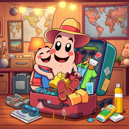 An animated tripe character packing a colorful suitcase, illustrated in a playful cartoon style
