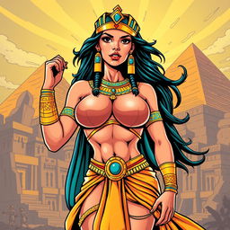 A striking Egyptian queen illustrated in an American comic style, showcasing her big breasts prominently in a dynamic pose