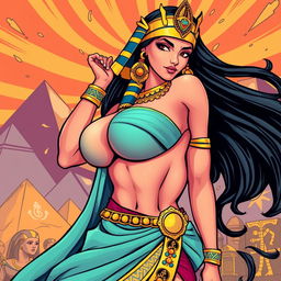 A striking Egyptian queen illustrated in an American comic style, showcasing her big breasts prominently in a dynamic pose