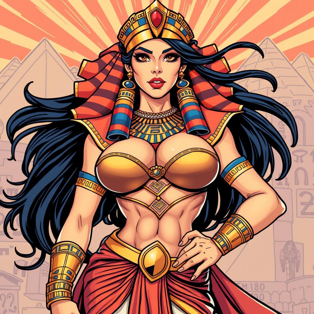 A striking Egyptian queen illustrated in an American comic style, showcasing her big breasts prominently in a dynamic pose