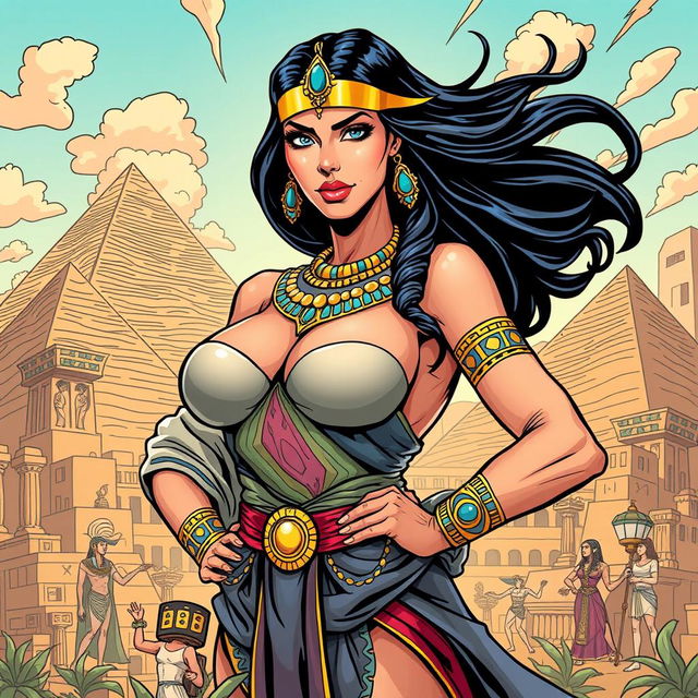 A striking Egyptian queen illustrated in an American comic style, showcasing her big breasts prominently in a dynamic pose