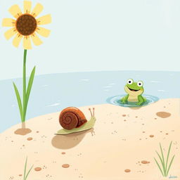 During a sunny summer day by a pond, a small snail with a brown shell is making its way slowly across the ground, facing the bright sun