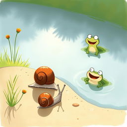During a sunny summer day by a pond, a small snail with a brown shell is making its way slowly across the ground, facing the bright sun