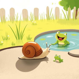 During a sunny summer day by a pond, a small snail with a brown shell is making its way slowly across the ground, facing the bright sun