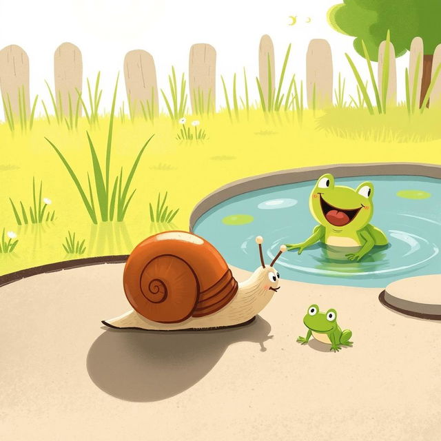 During a sunny summer day by a pond, a small snail with a brown shell is making its way slowly across the ground, facing the bright sun