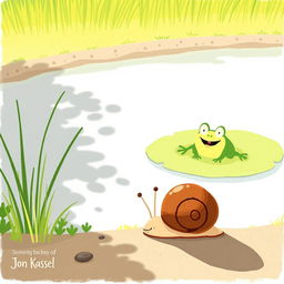During a sunny summer day by a pond, a small snail with a brown shell is making its way slowly across the ground, facing the bright sun