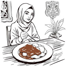 A vintage black and white illustration featuring a Jakarta Muslim woman enjoying a traditional dish of Pempek Palembang
