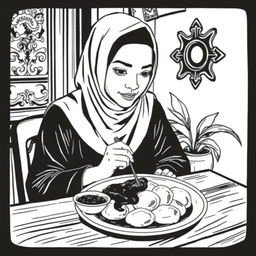 A vintage black and white illustration featuring a Jakarta Muslim woman enjoying a traditional dish of Pempek Palembang