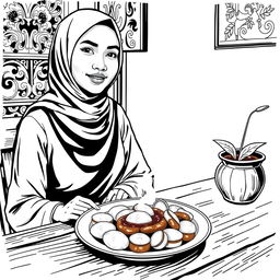 A vintage black and white illustration featuring a Jakarta Muslim woman enjoying a traditional dish of Pempek Palembang
