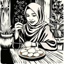 A vintage black and white illustration featuring a Jakarta Muslim woman enjoying a traditional dish of Pempek Palembang
