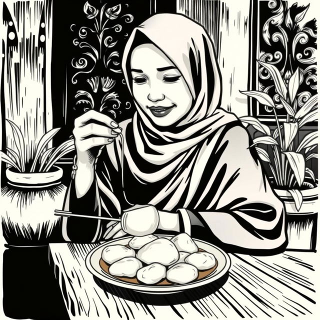 A vintage black and white illustration featuring a Jakarta Muslim woman enjoying a traditional dish of Pempek Palembang