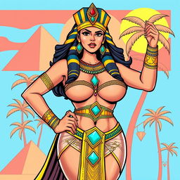 A larger-than-life Egyptian queen illustrated in an American comic style, featuring exaggeratedly big breasts as the focal point of her voluptuous figure