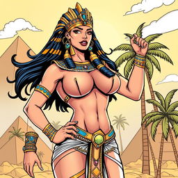 A larger-than-life Egyptian queen illustrated in an American comic style, featuring exaggeratedly big breasts as the focal point of her voluptuous figure