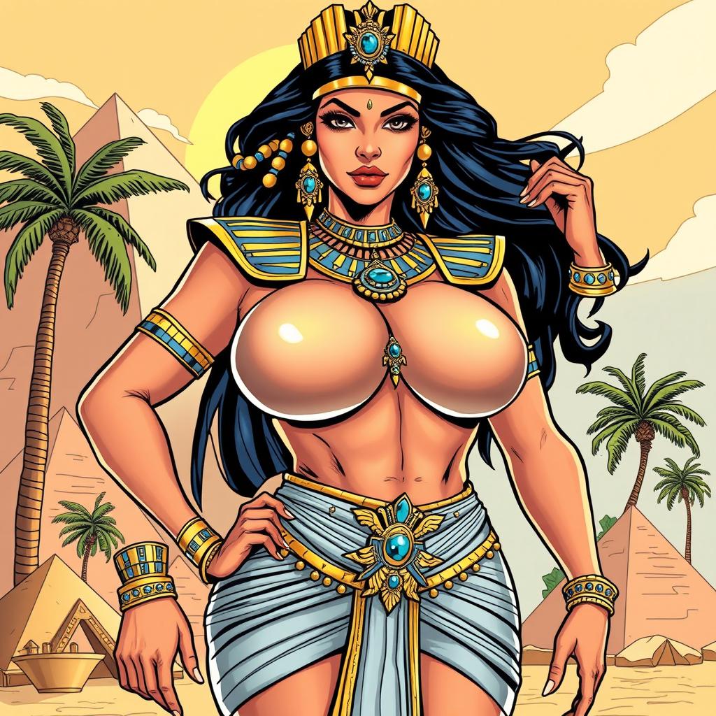 A larger-than-life Egyptian queen illustrated in an American comic style, featuring exaggeratedly big breasts as the focal point of her voluptuous figure