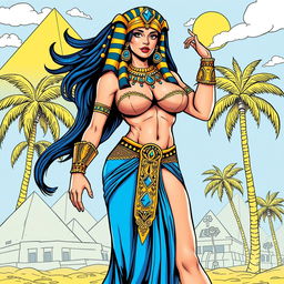 A larger-than-life Egyptian queen illustrated in an American comic style, featuring exaggeratedly big breasts as the focal point of her voluptuous figure
