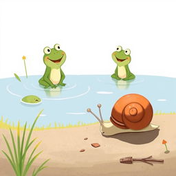 On a bright summer day by a pond, a small snail with a brown shell is slowly making its way along the ground, basking in the warm sun