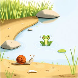 On a bright summer day by a pond, a small snail with a brown shell is slowly making its way along the ground, basking in the warm sun